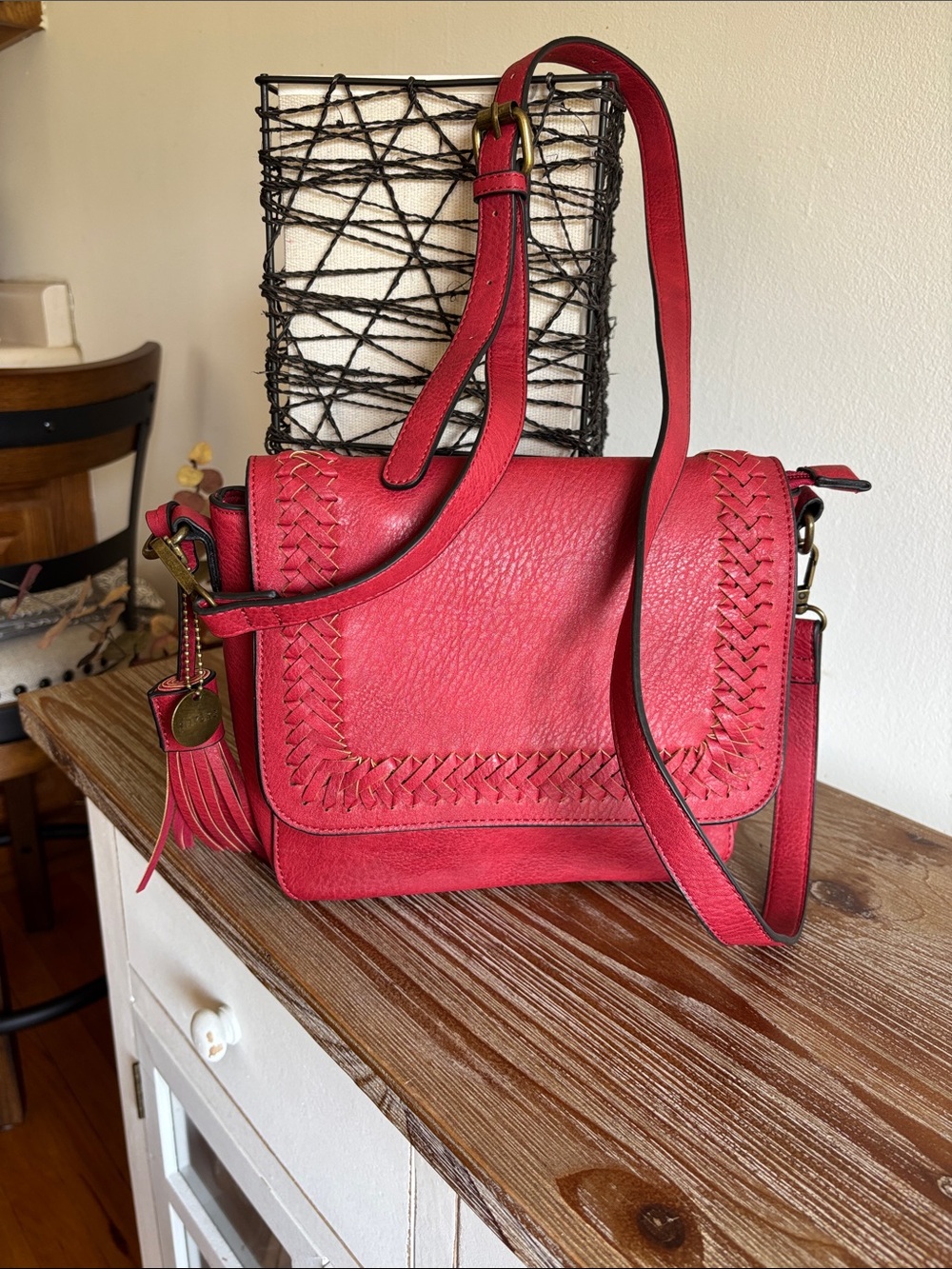Red Woven-Trim Leather Crossbody Bag with Tassel Charm